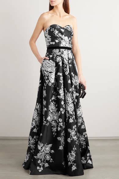 Marchesa Notte Strapless Velvet Trimmed Embroidered Duchesse Satin Gown Black Shopstyle