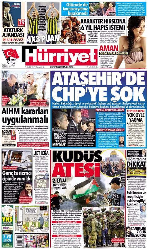 Gazete manşetleri Hürriyet Sözcü Fanatik 9 Aralık 2017 Internet Haber