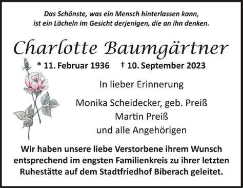 Traueranzeigen von Charlotte Baumgärtner schwaebische de Trauerportal