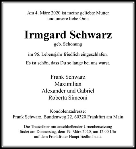 Traueranzeigen Von Irmgard Schwarz Trauer Rheinmain De