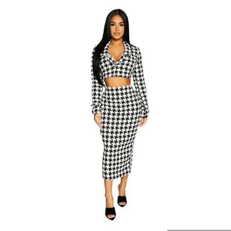 Naked Wardrobe Skirts Naked Wardrobe Houndstooth Black White Midi