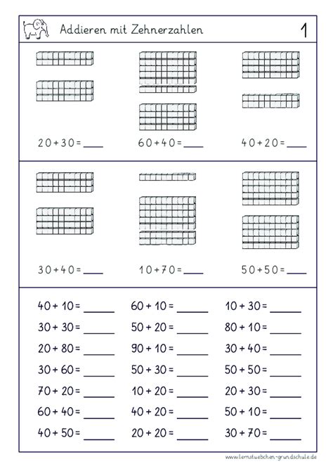Zehnerzahlen addieren mit Zehnerstangen pdf Lernstübchen