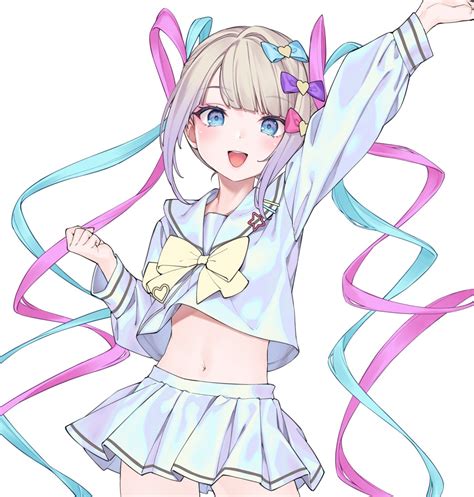 Safebooru 1girl D Arm Up Blonde Hair Blue Eyes Blue Hair Blue Shirt