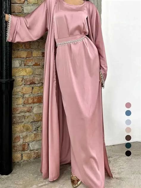 Ropa Étnica Ramadán Ka Chain Satin Kimono ABAYA Set Turquía Islam