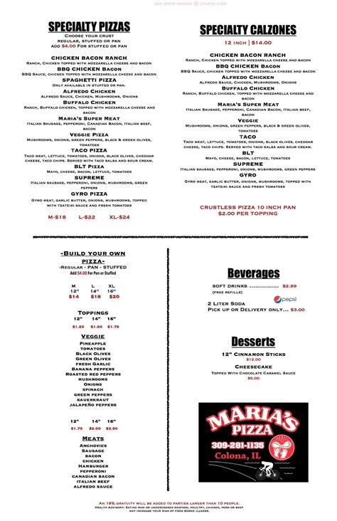 Online Menu Of Marias Pizza Restaurant Colona Illinois Zmenu