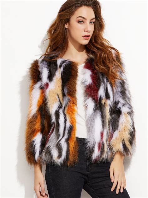 Multicolor Open Front Faux Fur Coat Sheinsheinside