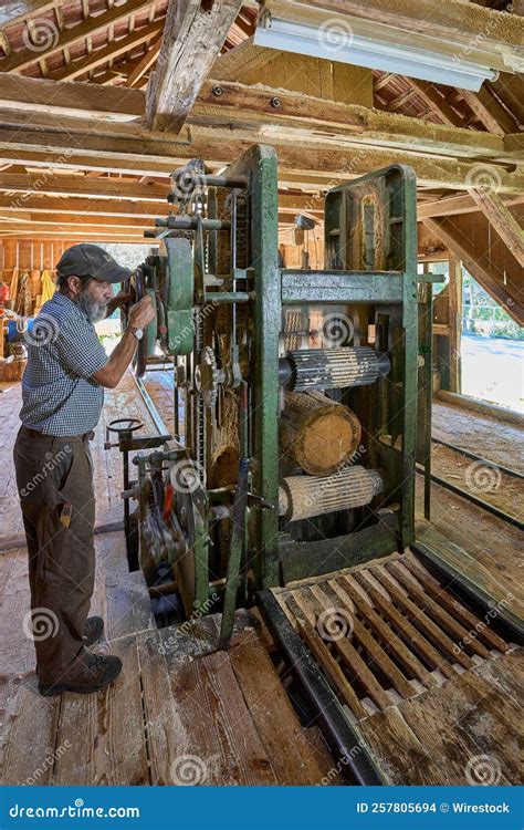 Piece Of A Log With Sawdust On It And A Man Working In An Old Sawmill