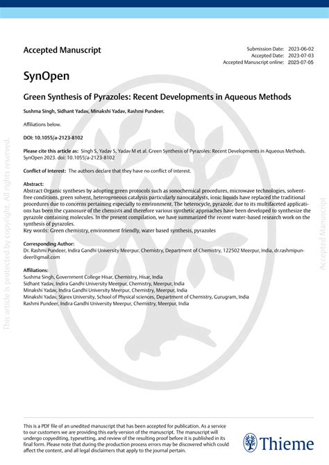 PDF Green Synthesis Of Pyrazoles Recent Developments In Aqueous Methods