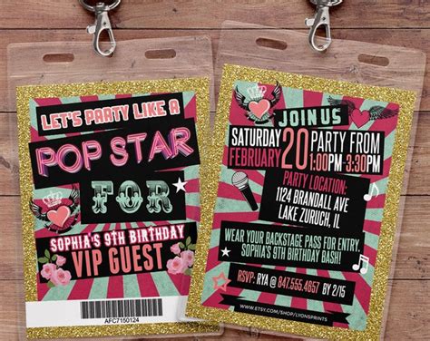 Retro Neon Vip Pass Backstage Pass Vip Invitation Birthday Invitation Pop Star Bridal