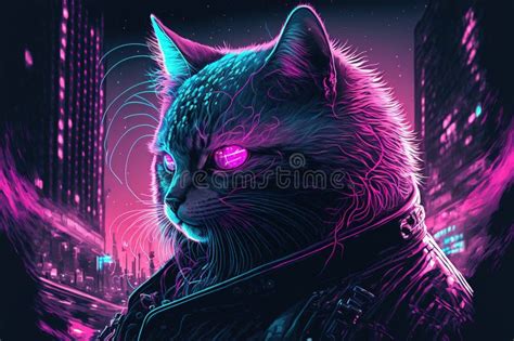 Cat Synthwave Vaporwave Style Under Neon Light Conceptual Character