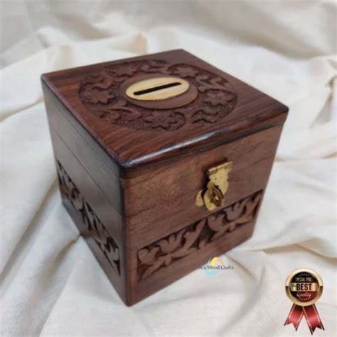 Brown Sheesham Wood Handcrafted Money Bank 4x4 Inch Piggy Bank Coin