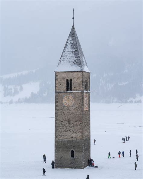 The Famous Bell Tower at Lago Di Resia during Winter, Alto Adige Stock Photo - Image of ...