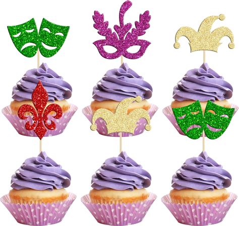 Amazon Gyufise Pcs Mardi Gras Cupcake Toppers Glitter Masquerade