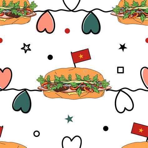 Banh Mi Seamless Pattern Background With Hearts And Flag Of Vietnam