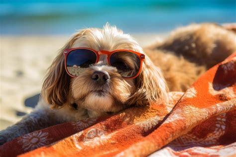 Un Perro Con Gafas De Sol En La Playa Foto Premium