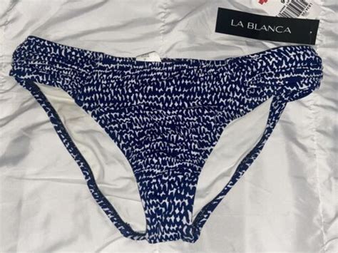 NWT La Blanca Shirred Tab Swimsuit Bikini Bottom 6 Navy Blue White C1