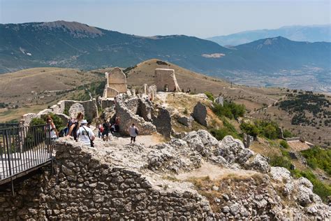 Calascio, Italy-august 9, 2021-people visit the ruins of Rocca Calascio ...