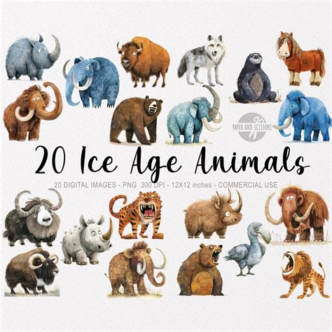 20 Ice Age Animals Cliparts, Arctic Watercolor PNG, Baby Shower Wall ...