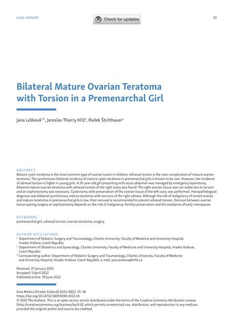 Pdf Bilateral Mature Ovarian Teratoma With Torsion In A Premenarchal Girl