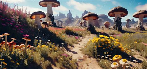 Walking Trail through a Barren Wasteland Inhabited by Oversized Flowers and Mushrooms Generative ...