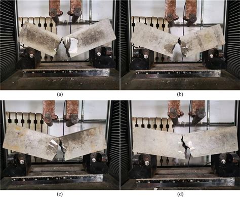 Flexural failure modes of RAC. (a) RAC, (b) NS2, (c) BF12-1, (d) BF12-2 ...