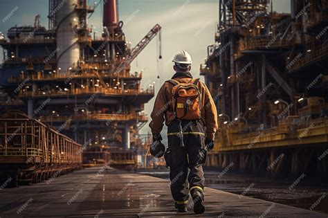 Premium Ai Image An Offshore Oil Rig Worker Walks To An Oil And Gas