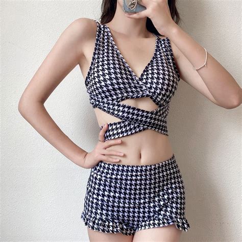 Plaids Floral Bikini Set Design Sense Seaside Charm Sexy Anti Exposure