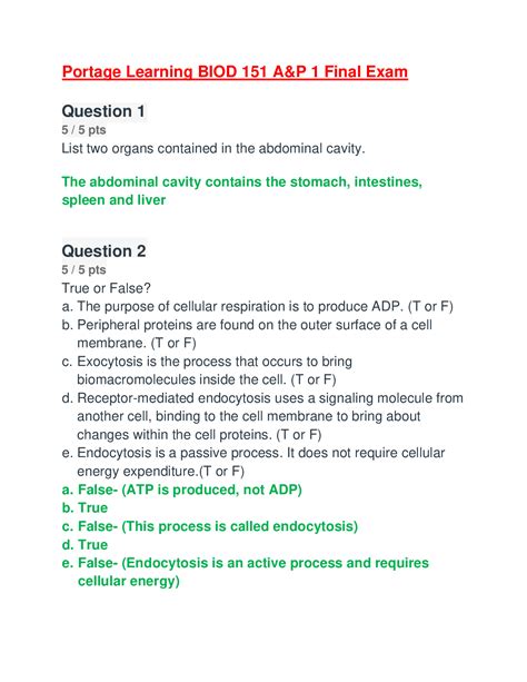 Portage Learning BIOD 151 A P 1 Final Exam Browsegrades