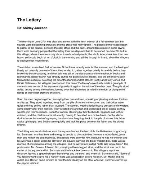 The Lottery, Shirley Jackson (PDF) | Shirley jackson, Lottery, The ...