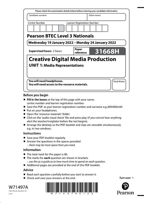 Pearson BTEC Level 3 Nationals 31668H Creative Digital Media Production