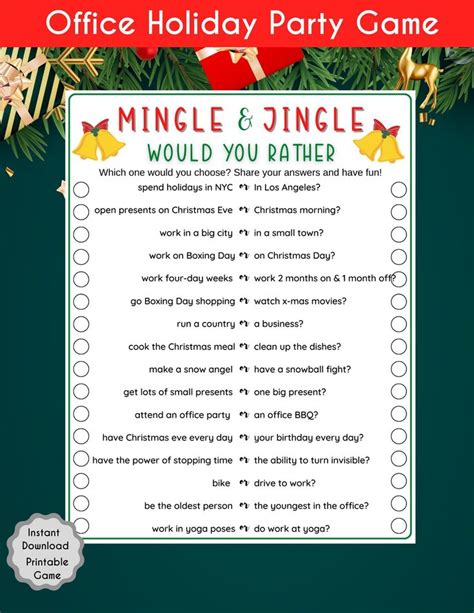 Office Holiday Party Would You Rather Game Christmas Printable Game