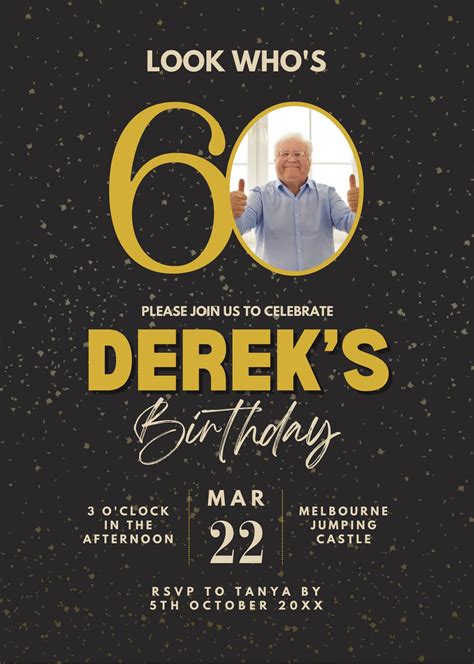 Editable 60th Birthday Photo Invitation Digital Download Canva Editable Instant Access Black