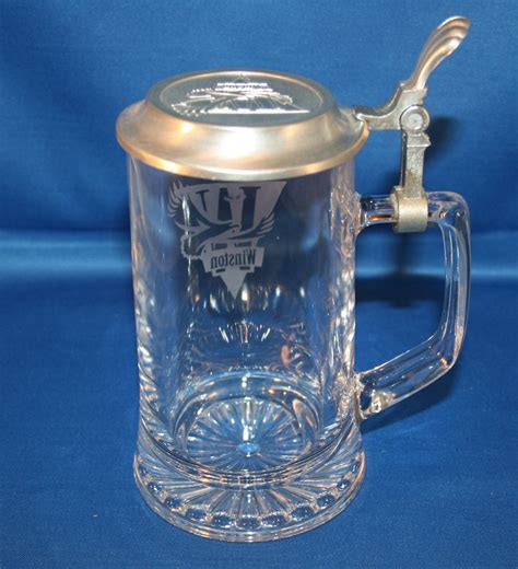 Vintage Glass Beer Stein Etched Winston Pewter Embossed Lid Glass