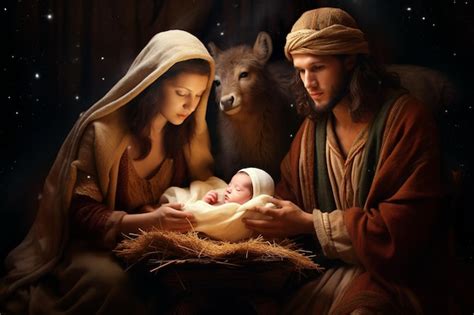 Premium AI Image | mary and joseph holding baby jesus christmas night birth of jesus christ