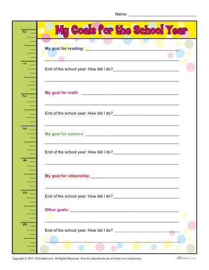 Back to School Goals Worksheet for Elementary School