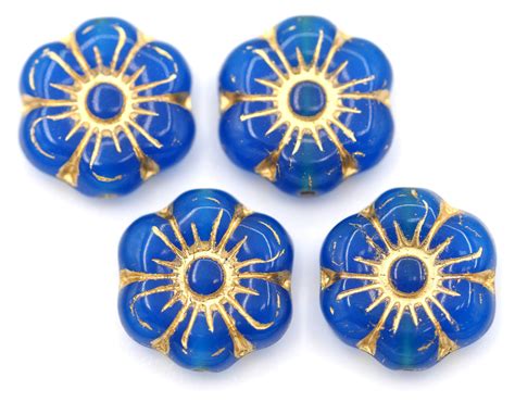 4pc 13mm Czech Pressed Glass Flower Bead Capri Blue Gold Wash Bead