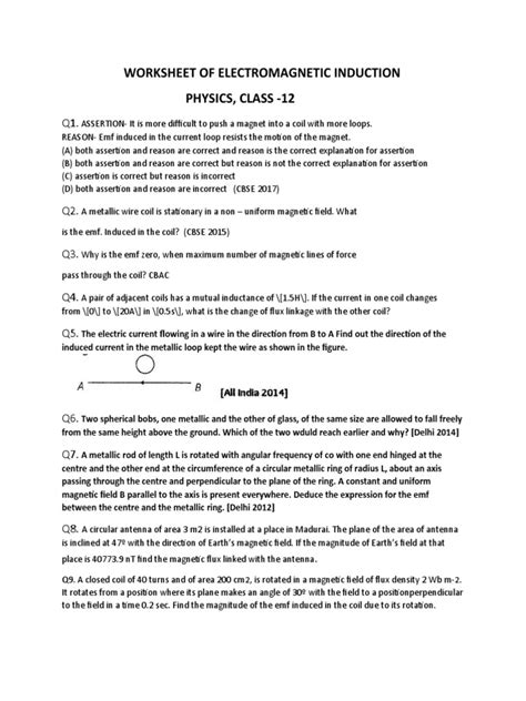 Worksheet Of Electromagnetic Induction Pdf Inductor