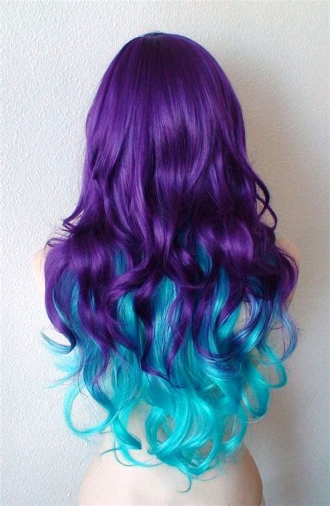 Purple Teal Ombre Wig 26 Curly Hair Side Bangs Wig Heat Friendly Synthetic Hair Wig Etsy