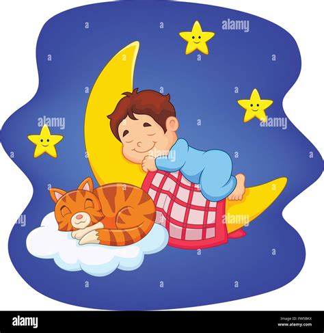 Cute little boy with cat sleeping on the moon Stock Vector Image & Art ...