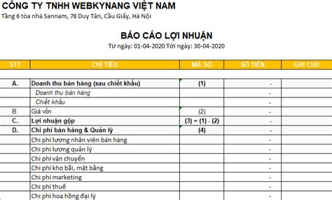 B Ng Excel T Nh Doanh Thu File Excel B O C O L I Nhu N Kinh Doanh