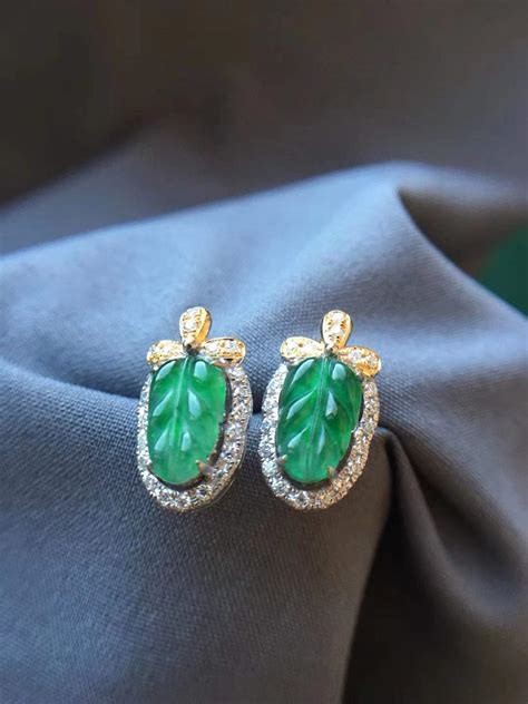 High Grade Natural Jadeite Post Earrings K Solid White Yellow Gold