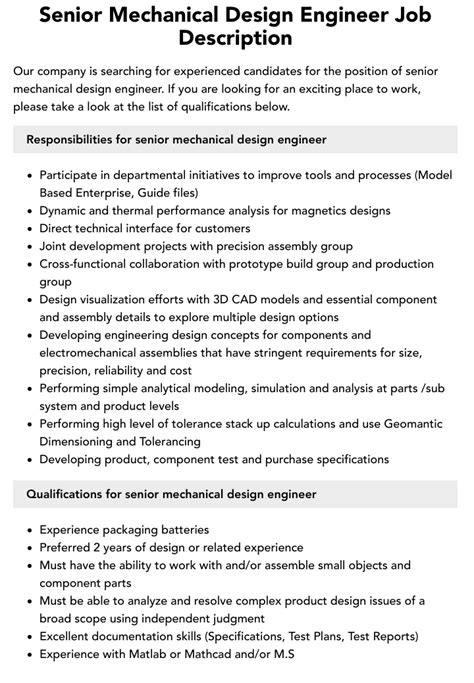 Senior Mechanical Design Engineer Job Description Velvet Jobs