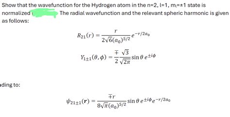 Solved Show That The Wavefunction For The Hydrogen Atom In