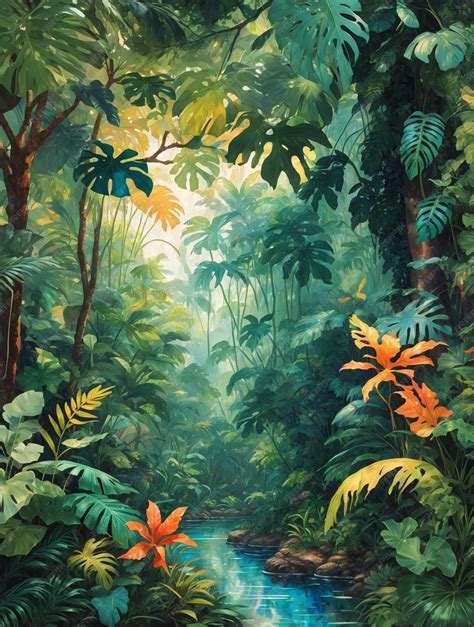 Premium AI Image | Lush Acrylic painting with gloss vibrant jungle with ...