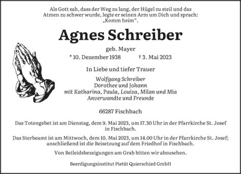 Traueranzeigen Von Agnes Schreiber Saarbruecker Zeitung Trauer De