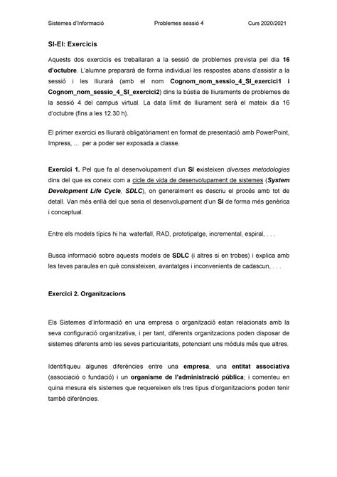 Problemes sessio 4 SI Sistemes dInformació Problemes sessió 4 Curs