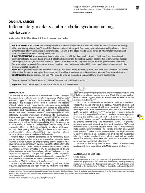 Pdf Inflammatory Markers And Metabolic Syndrome Among Adolescents