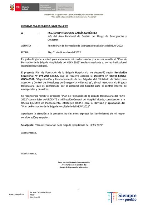 Informe N° 004 Remito Plan De Formación De La Brigada Hospitalaria Del