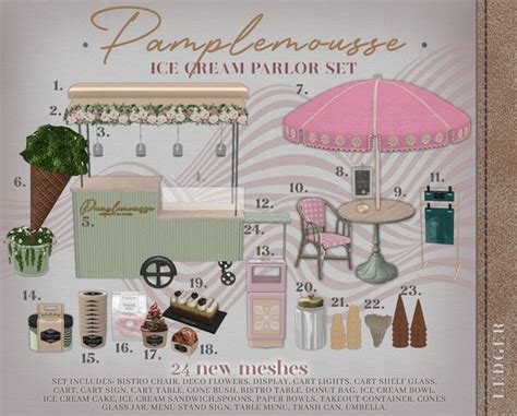 An Ice Cream Parlor Set With Pink Umbrellas And Other Items On Display