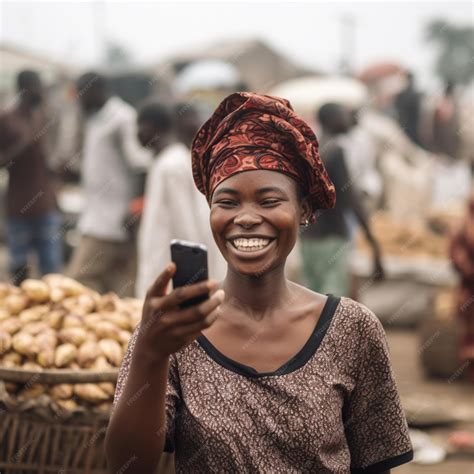 Premium Ai Image Happy African Woman Using Her Phone